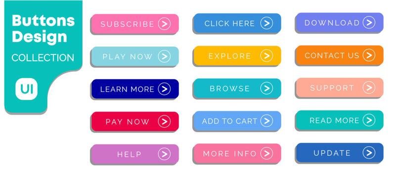Colorful Modern UI Button Collection with Rounded Corners and Action Icons for Web and App Interface Design