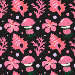 Tropical aesthetic, summer vacation vibes, holiday themed seamless vector pattern with cute groovy funky cartoon illustration of sea, ocean beach objects, shells, exotic flowers, coral reef, jellyfish