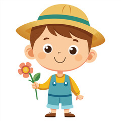 Smiling Cartoon Boy in Overalls Holding a Single Flower Illustration