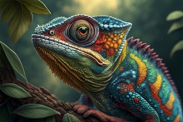 Vibrant Close-Up of a Colorful Chameleon on a Branch