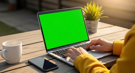 Person working on laptop with green screen outdoors