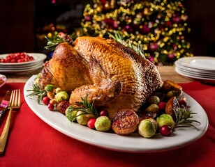 Delicious Roasted Turkey Christmas Dinner on a Festive Table Setting with Garnishes and Christmas Tree in Background, Holiday Feast