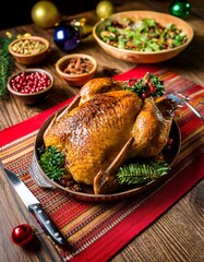 Delicious Roasted Turkey with Holiday Decorations and Festive Christmas Dinner Table Setup - Close-up View