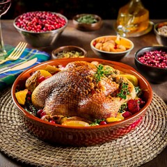 Delicious Roasted Turkey Dinner with Cranberries, Garnishes and Side Dishes on a Wooden Table, Festive Celebration, Holiday Food Photography