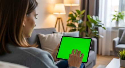 Woman Using Tablet with Green Screen in Cozy Living Room Setting