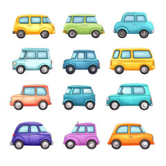 Fototapeta premium A fleet of colorfull cars: A collection of stylized, cartoonish cars in vibrant hues, arranged in a grid format, representing a playful take on transportation and vehicles.