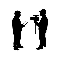 Two men discussing news with camera and tablet during Photographer's Day  