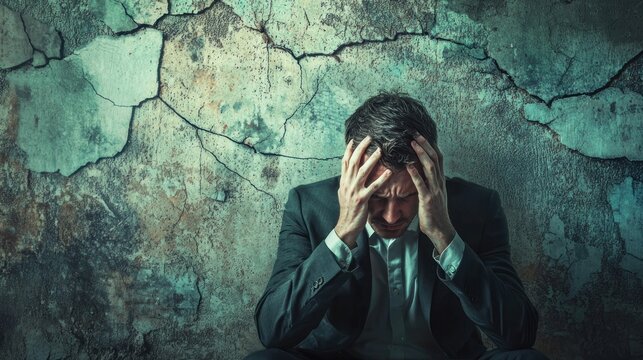 A man in a suit sitting against a cracked, weathered wall with his hands on his head, appearing distressed or overwhelmed.