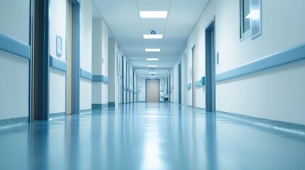 Obraz premium A long, empty hospital hallway with blue walls, white ceiling, and doors on both sides.