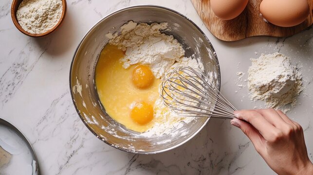 A hand whisking eggs and flour in a metal bowl on a marble countertop.