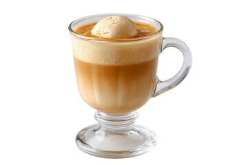 Iced coffee drink with vanilla ice cream in a glass mug