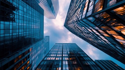 Modern skyscrapers against a cloudy sky. The urban concept of city life and architecture. The image emphasizes the sleek and modern design of the buildings.