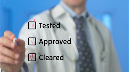 Doctor checking off boxes for tested, approved, and cleared items, illustrating successful outcomes...