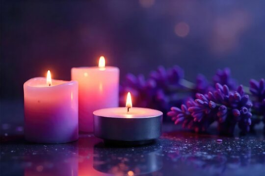 Relaxing lavender candlelight illuminates a tranquil scene, perfect for spa, aromatherapy, or wellness themes Soft purple glow casts a calming ambiance , serenity, peace - Powered by Adobe