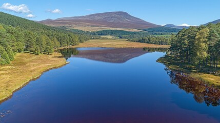 Obraz premium Panoramic view of a Scottish loch reflecting a mountain