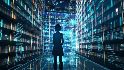 Silhouette of a person in a digital library, surrounded by glowing data streams and virtual bookshelves - Powered by Adobe