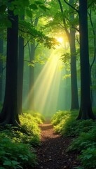 Obraz premium Serene forest scene at dawn, sunbeams filtering through lush green canopy, illuminating the forest floor Perfect for nature documentaries, websites, or calming backgrounds , stock photo, canopy