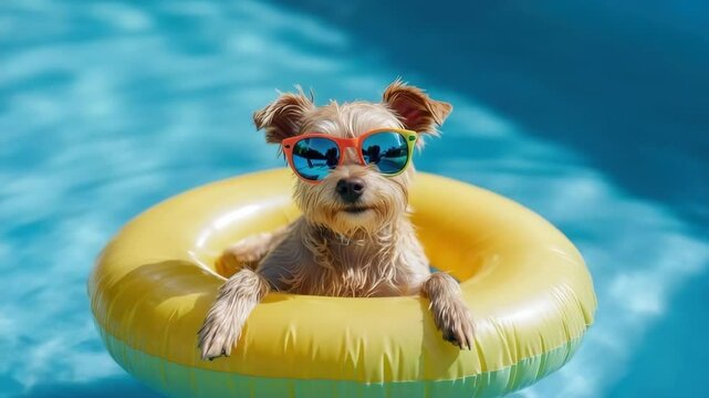 Little cute dog relaxed floating on a pool wearing sunglasses