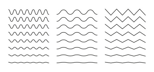 Vector wavy and zigzag horizontal underline. Waves line set. Set of wavy lines. Wave ornament pattern. Wave thin line background. 