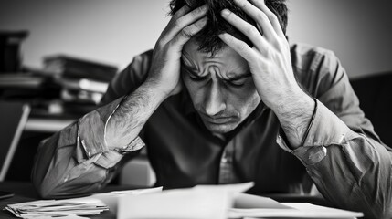 Man with hands on head looking down at papers in black and white.