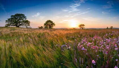 Obraz premium Stunning Landscape of a Wildflower Meadow at Sunset with Trees and Golden Hour Sunlight - Beautiful Nature Scene for Background and Wallpaper