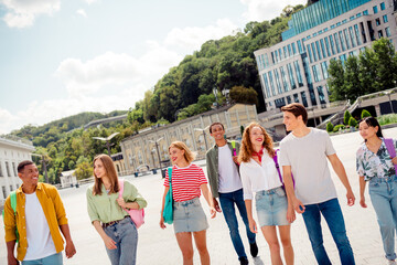 Friendly group of diverse young adults enjoying a sunny urban stroll, exemplifying happiness,...