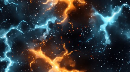 Celestial Dance of Lightning: A mesmerizing view of a cosmic vista filled with electrifying lightning. Orange and blue sparks intertwine amidst celestial bodies, evoking a sense of awe and wonder.
