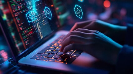 Typing Code on Laptop Keyboard at Night Futuristic Look - Powered by Adobe