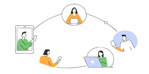 Digital Customer Service Vector Art. Connected People with Robot Assistant for Omni-Channel Experience. Isolated Clipart.