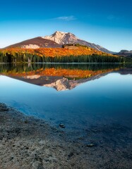 Stunning Autumn Landscape of Pyramid Mountain and Patricia Lake, Jasper National Park, Alberta, Canada - Scenic Reflection on Calm Water Under Blue Sky