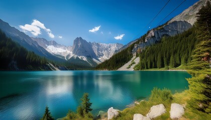 Breathtaking scenic view of turquoise mountain lake reflecting majestic peaks and lush green forest under a clear blue sky
