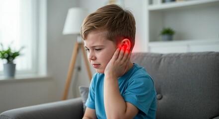 Young caucasian child boy experiencing ear pain sitting on couch at home, hand on ear with red glow indicating discomfort, indoor pediatric health concept