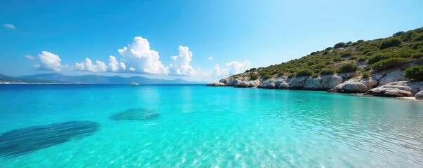 Fototapeta premium Sun-drenched azure waters of the Greek Isles, crystal clear, reflecting the bright sky Idyllic seascape perfect for travel brochures or summer backgrounds , blue water, beautiful