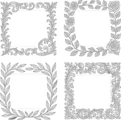 Set of vintage decorative frames with floral borders and ornate retro design elements