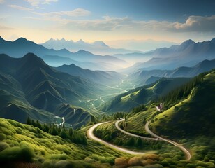 Breathtaking Landscape of Winding Road Through Lush Green Mountains, Serene Valley, Cloudy Sky, Nature's Beauty, Peaceful Scenery