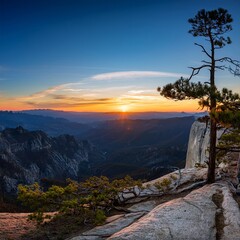 Breathtaking Sunset Over Mountains and Valley, Captured from Rocky Outcrop with Pine Tree in Dramatic Landscape Scenery | Yosemite National Park