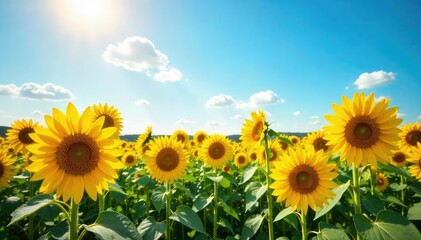 Obraz premium Vast field of sunflowers basking in golden sunlight, tall stalks reaching towards a vibrant blue sky A breathtaking summer landscape perfect for idyllic backgrounds , plants, seeds, countryside