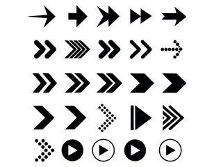 Arrows, Black Arrow Icons, Diverse Set of Black Arrow Icons for Design and UI, set featuring various arrow shapes and play icons, all in solid black, arrow, icon, UI, graphic design, vector, navigatio