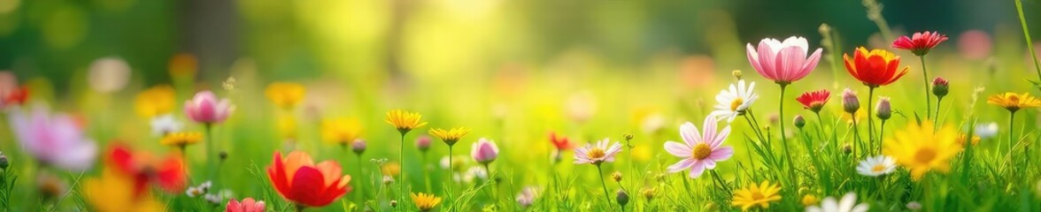 Vibrant meadow bursting with wildflowers in springtime, sunlit, colorful blooms, lush green grass, idyllic pastoral scene, perfect for springtime themes , serenity, joyful