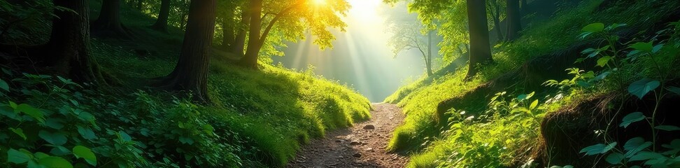 Fototapeta premium A challenging uphill climb through a lush, green valley Sunlight filters through the trees, illuminating the path ahead Perfect for adventure, nature, and travel themes , hiking, outdoor