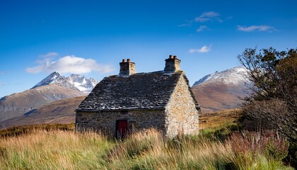 Beautiful Stone Cottage in a Scenic Mountain Landscape, Scottish Highlands, Scotland, Autumn Day, Blue Sky, Rustic, Travel, Outdoors