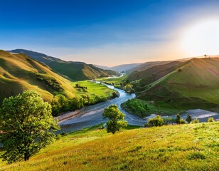 Breathtaking Sunrise Over a Lush Green Valley, River Winding Through Rolling Hills, Scenic Landscape Photography, Natural Beauty and Serenity