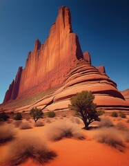Stunning View of a Majestic Red Rock Formation in Monument Valley, Arizona, USA, Under a Clear Blue Sky - Desert Landscape Photography