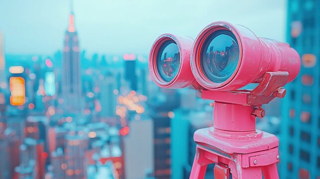 Pink binoculars with a view of a city skyline