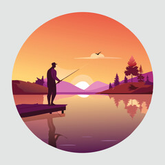 Fishing at Sunset Silhouette Scene