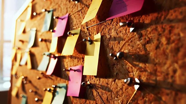 Corkboard with numerous sticky notes pinned.