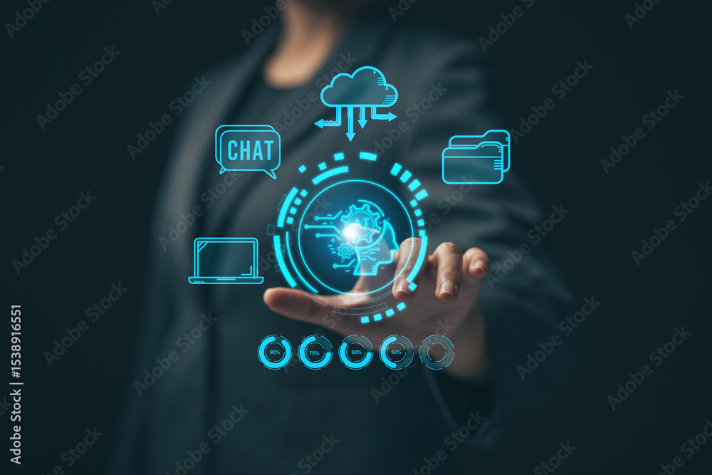 Poster chatbot chat with ai artificial intelligence. concept of using ai technology to help work in order t
