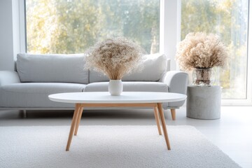 Light gray short-pile carpet living room with oval coffee table and concrete tables.