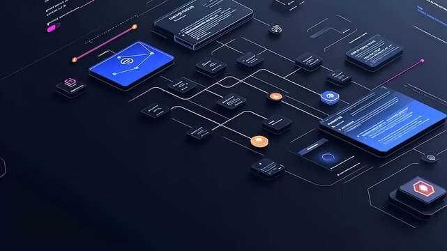 Abstract digital flowchart illustrating data connections and processes on a dark background