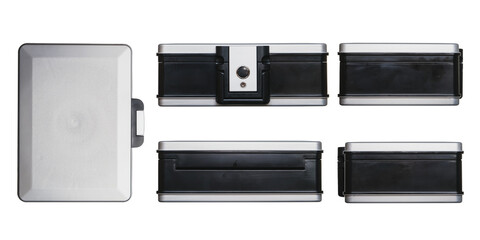Obraz premium A collection of multiple angles of a fireproof and waterproof portable safe on a transparent background. Protecting valuables during fire or flood.